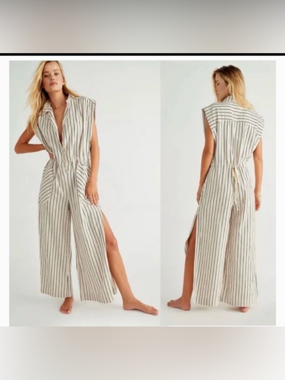 Free People Cream and Black Striped Sleeveless Wide-Leg Jumpsuit